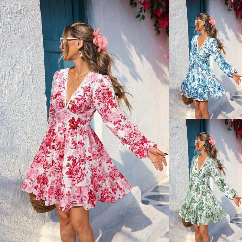 European and American Cross-Border Women's Clothing 2025 Amazon New Lace V Neck Printed Casual Vacation Long-Sleeved Dress