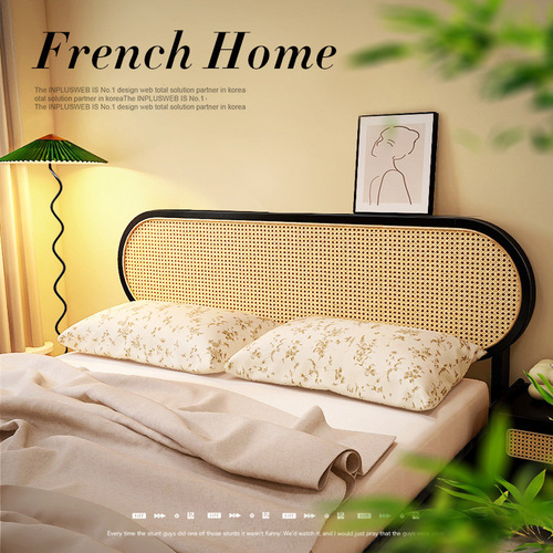 Nordic solid wood rattan bed, master bedroom 1.8m retro light luxury double bed, modern minimalist wabi-sabi style black bed rattan bed