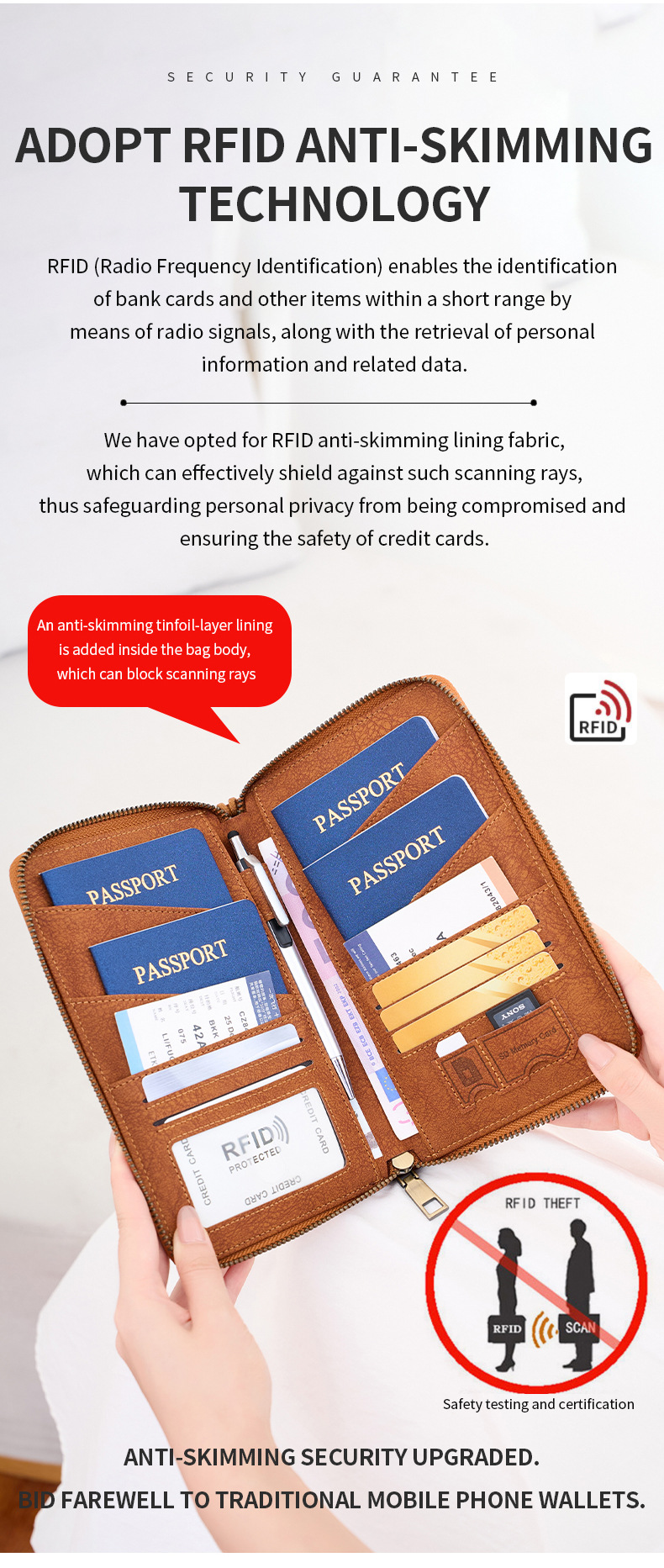 Cross-border new RFID anti-magnetic passport bag long zipper passport holder multifunctional travel ticket storage document bag