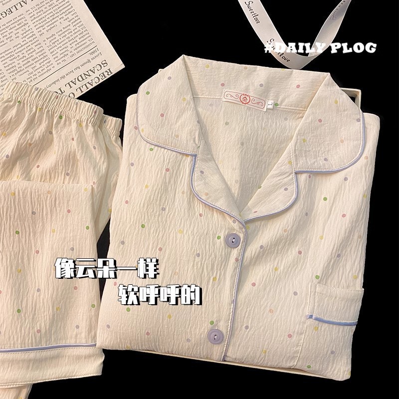 2025年新作 レディースパジャマ 春秋 クラウドコットンガーゼ 長袖長ズボン 日本風ins風 小犬柄 ホームウェア 夏