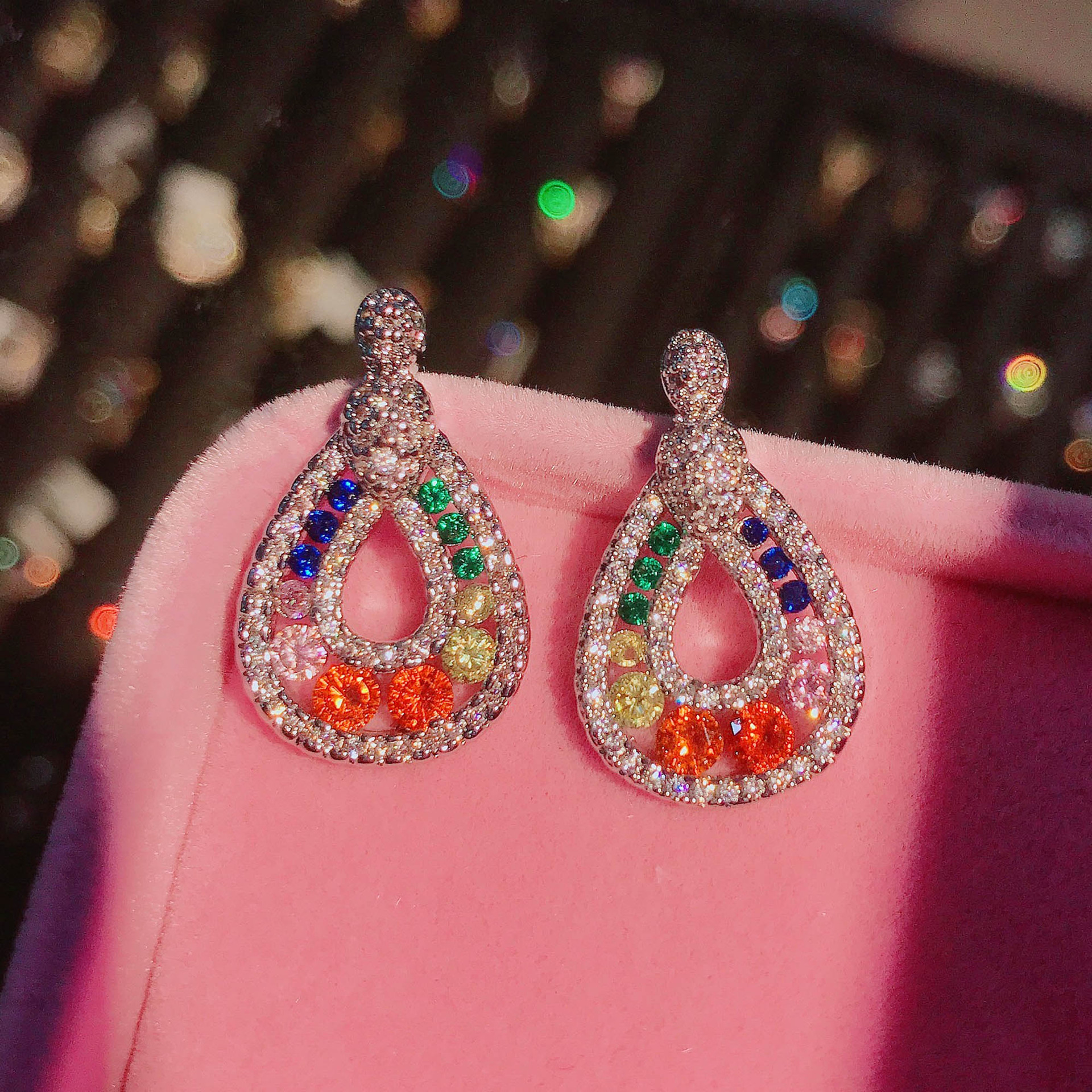 New Colorful Simulation Tourmaline Earrings Design Full Of Diamond Droplets Pear-shaped Rainbow Color Earrings display picture 4