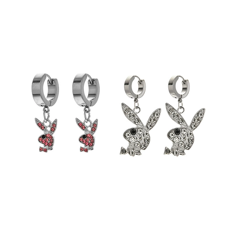 Кролик клип-уши серьги, нержавеющая сталь, кристалл из rhinestone, панк-хип-хоп стиль, без прокола
