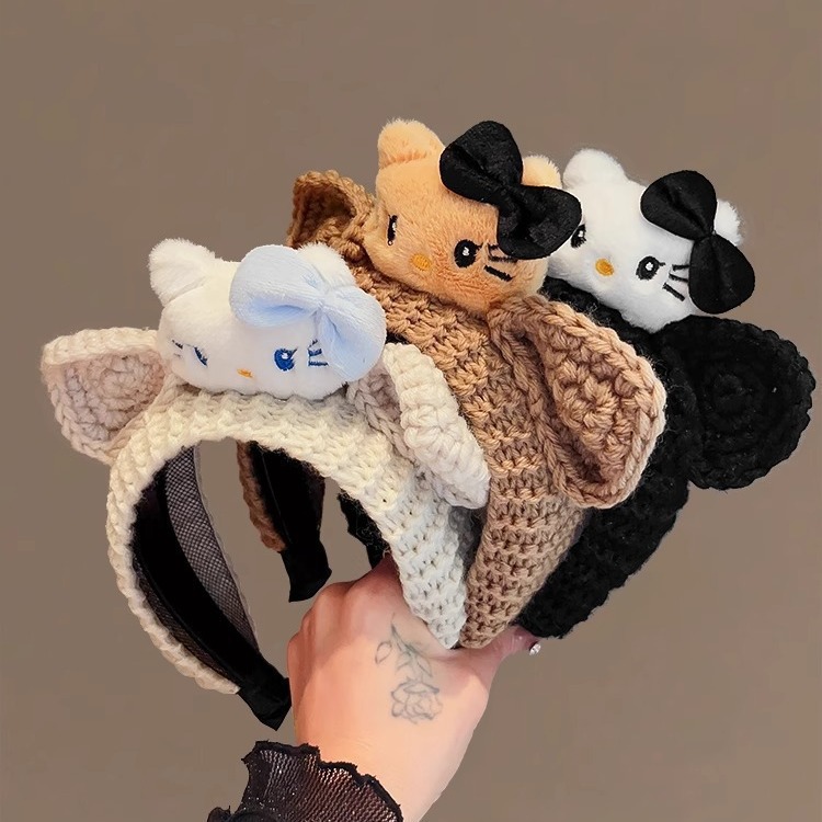 秋冬卡通可爱毛绒KT猫洗脸发箍女高颅顶压发敷面膜毛线头箍发饰女