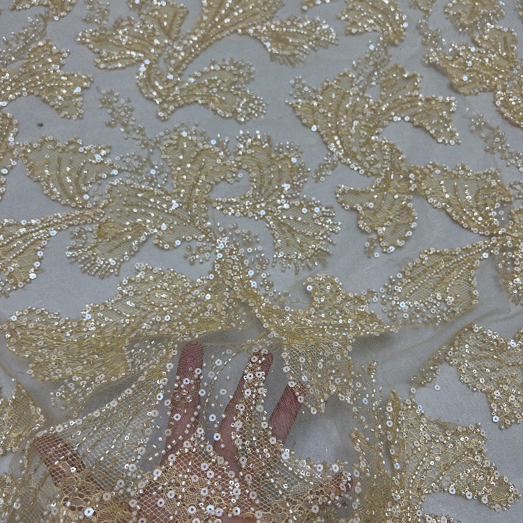 Tejido de bordado de sequilla tridimensional Tejido de bordado de tubo de encaje de alta fijación vestido de boda vestido de moda tela