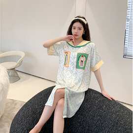 冰丝睡裙女新款海军领衬衫裙日系印花少女可外穿大码开衫家居服