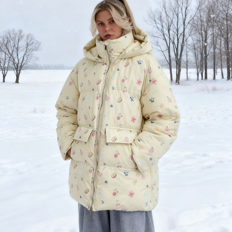European and American Style Women's Clothing on Aliexpress, Hooded Mid-Length Sweet Printed Padded Jacket with Thickened Warm Pockets
