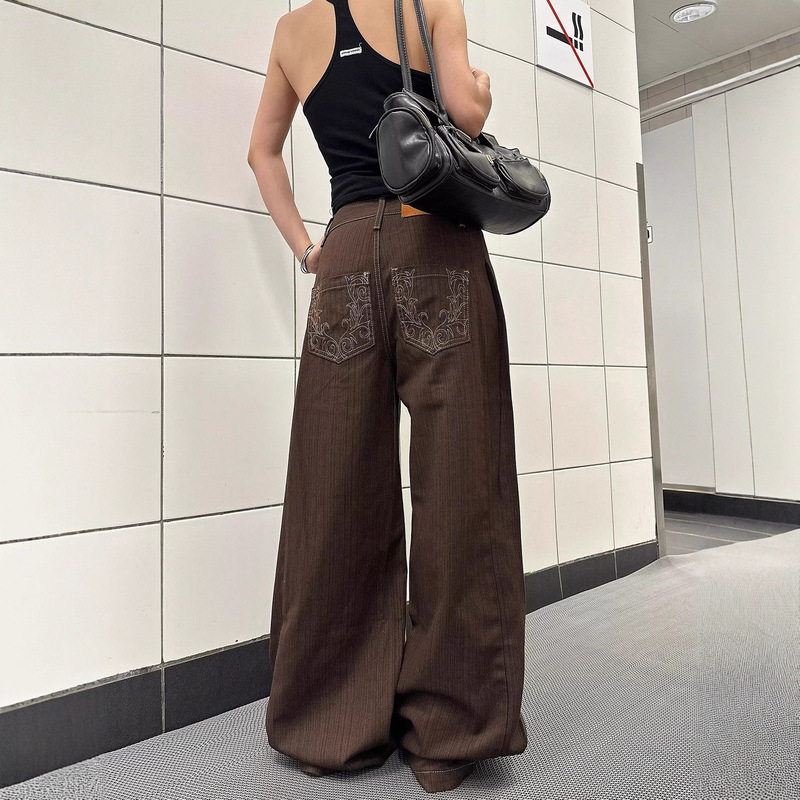Plus Size Embroidered Melard American Retro Brown Jeans for Women, Autumn and Winter, Scimitar Straight Loose Wide-Leg Floor-Length Pants Plus Size Embroidered Melard American Retro Brown Jeans for Women, Autumn and Winter, Scimitar Straight Loose Wide-Leg Floor-Length Pants