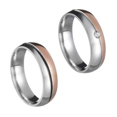 歐美小眾時尚鈦鋼雙色鑲鋯石情侶對戒不鏽鋼戒指飾品貨源