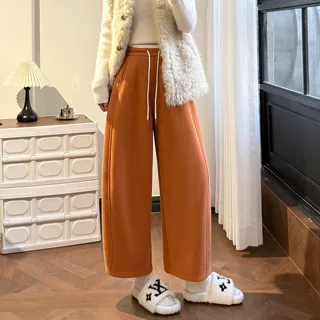 2026新款小个子弯刀梧桐裤女秋冬季加绒加厚南瓜色九分运动阔腿裤