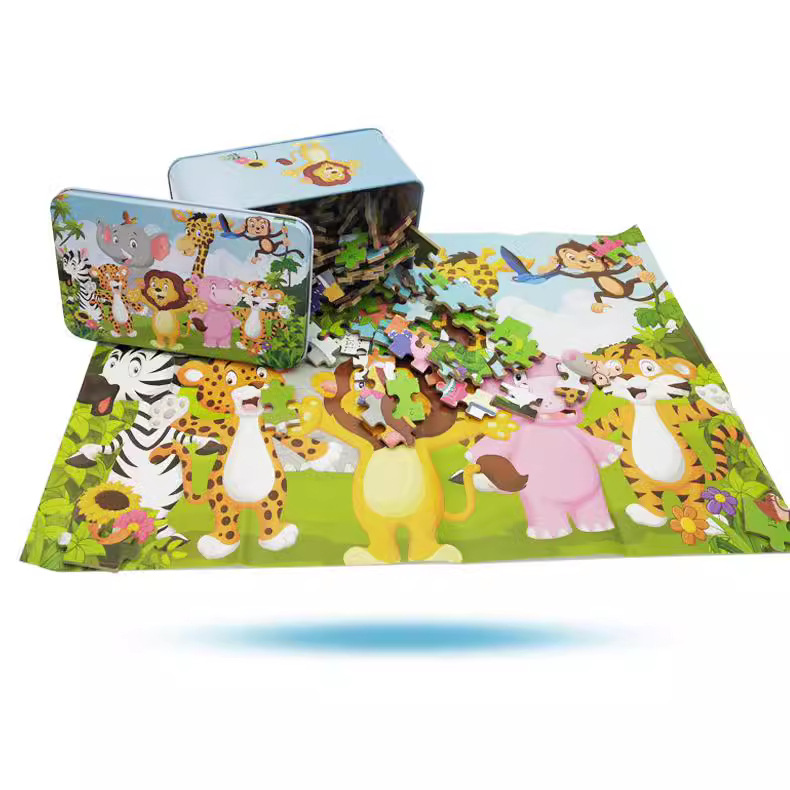 Directo de fábrica madera los niños educación temprana oversized 200 unidades rompecabezas caja hierro rompecabezas la historieta parada Venta caliente Juguetes