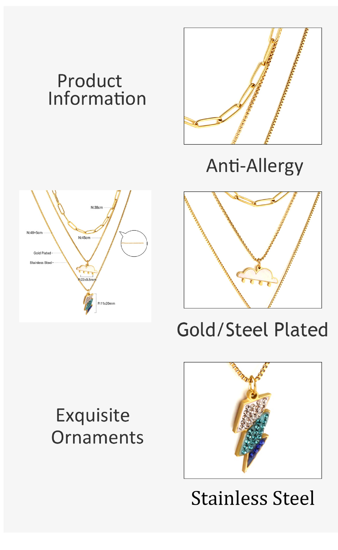 Wholesale Sweet Simple Style Clouds Lightning Stainless Steel Titanium Steel Gold Plated Silver Plated Rhinestones Layered Necklaces_colorza_6