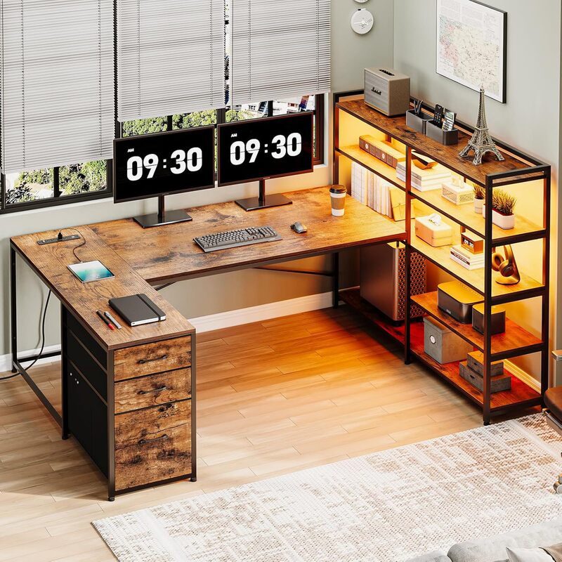 Corner Office Desk for Home Use, Computer Desk, L-Shaped Gaming E-Sports Desk with Bookshelf and Led Light, Factory Direct Sale