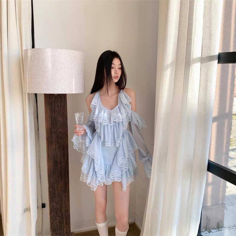 Pure Desire Style First Love Sweet Blue Dress, High-End Multi-Layered Heavy-Duty Patchwork, Ultra-Fairy Halter Neck Dress, Babydoll Dress
