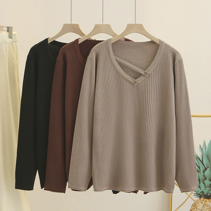 Large size knitted sweater V-neck women's 200 catties slimming top 2024 autumn stretch sweater fat MM casual shirt 8419