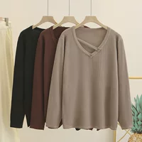 Large size knitted sweater V-neck women's 200 catties slimming top 2024 autumn stretch sweater fat MM casual shirt 8419