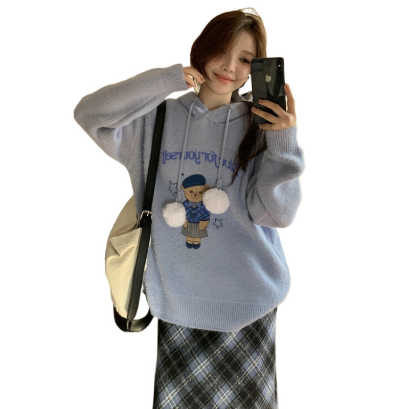 플러스 사이즈 게으른 대학 스타일 모피 볼 후드 스웨터 격자 모직 스커트 JK 세트 여성 트렌디