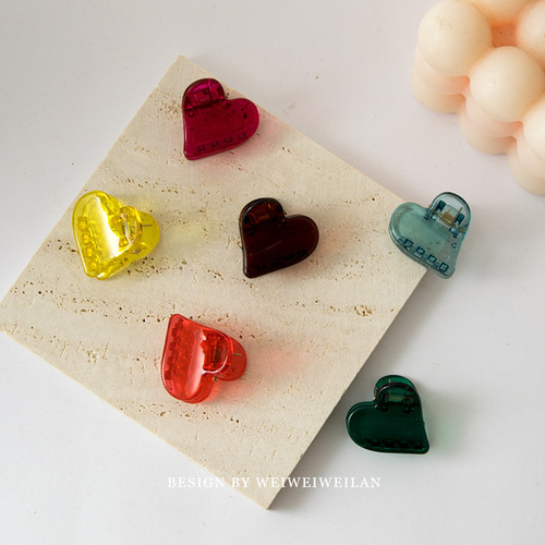 Japanese-style transparent colorful heart-shaped small hair clips, minimalist short hair clips, cute and fresh hair accessories