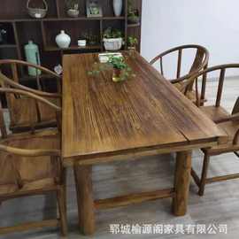 新中式老榆木餐桌椅组合饭店酒店功夫禅意泡茶桌原木吧台展示桌