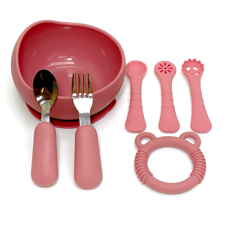 버건디 (어린이 그릇 + 곰 치발기 + 원형 포크 + 트레이닝 포크와 스푼)