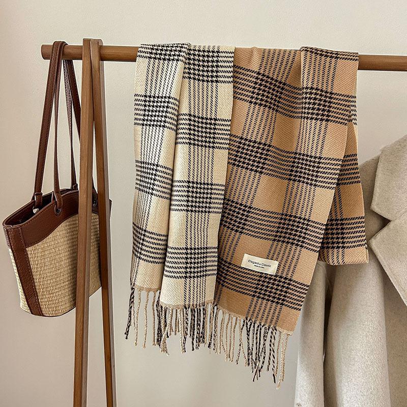 Autumn and Winter Classic I mitation Cashmere Line Grid Double sided Tassel Scarf Versatile Women's Sweet Korean Version_voghion.com