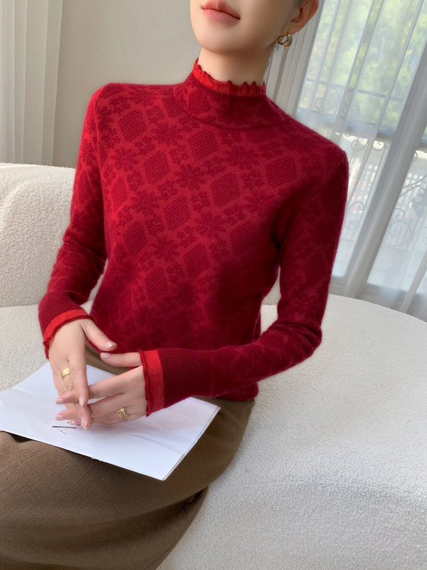 Fashionable Autumn and Winter New Cashmere Women's Half Turtleneck Jacquard Bottoming Shirt Loose Slimming Look Sweater with Wool Top