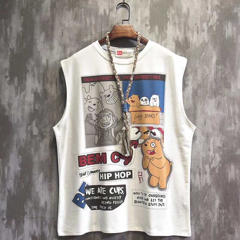 Casual summer Japanese fashion brand cartoon cartoon print sleeveless vest men's outer wear loose sweat vest vest vest