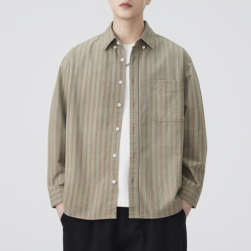 2025 New Autumn Japanese Retro Workwear Men's Shirt Versatile Loose Casual Striped American Shirt Trendy