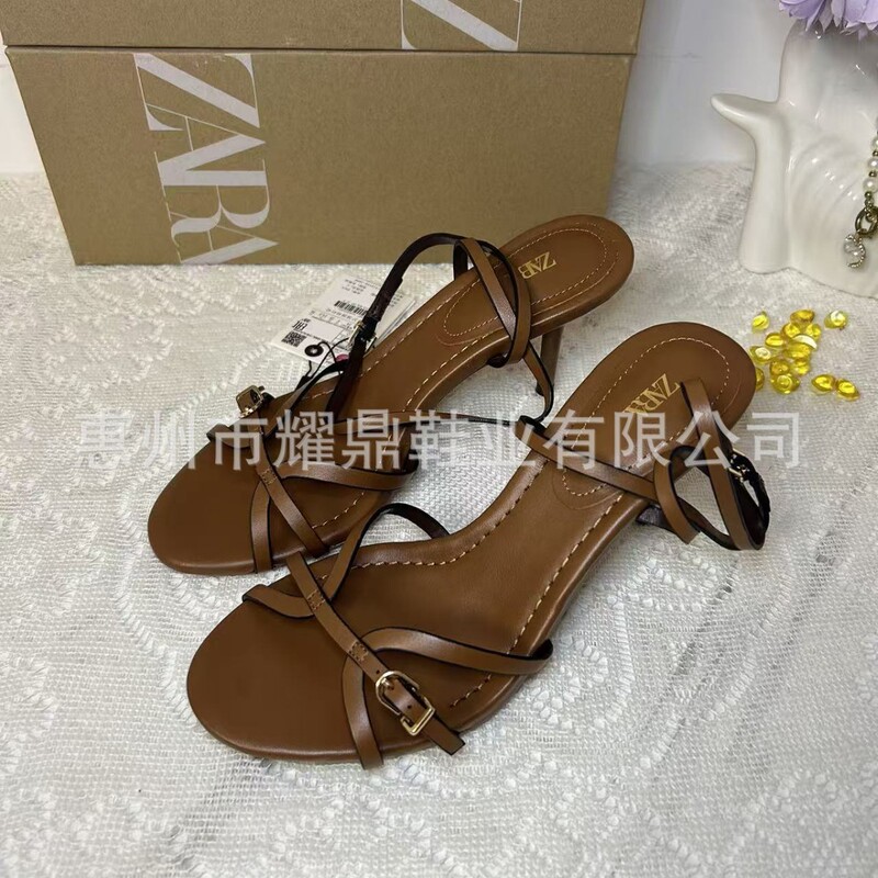 Za Spain 2025 New Autum Women's Shoes Brown One-Line Strap Stiletto Heel Round Toe Open Toe High Heel Sandals