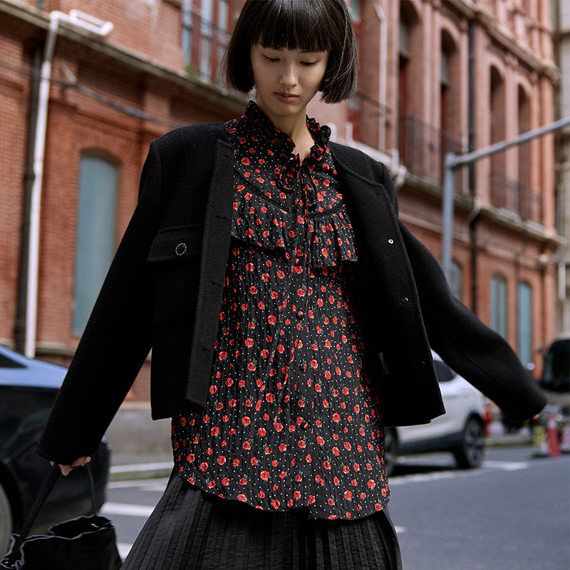 2024 가을과 겨울 새로운 러플 프린트 셔츠 여성 슬리밍 올 매치 디자인 센스 여성 최고 76033