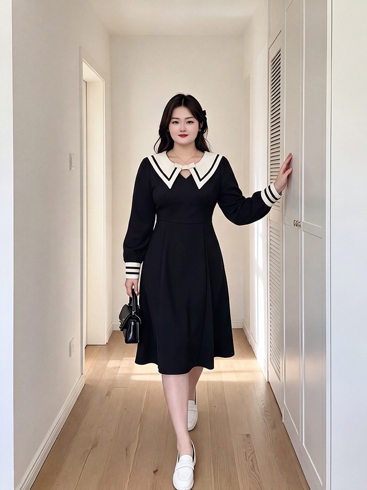 65-160kg Plus-Size Women's College-Style Dress for Spring and Autumn, Stylish Navy Collar Midi Dress with Added Fleece for Slightly Plump Figures 65-160kg Plus-Size Women's College-Style Dress for Spring and Autumn, Stylish Navy Collar Midi Dress with Added Fleece for Slightly Plump Figures