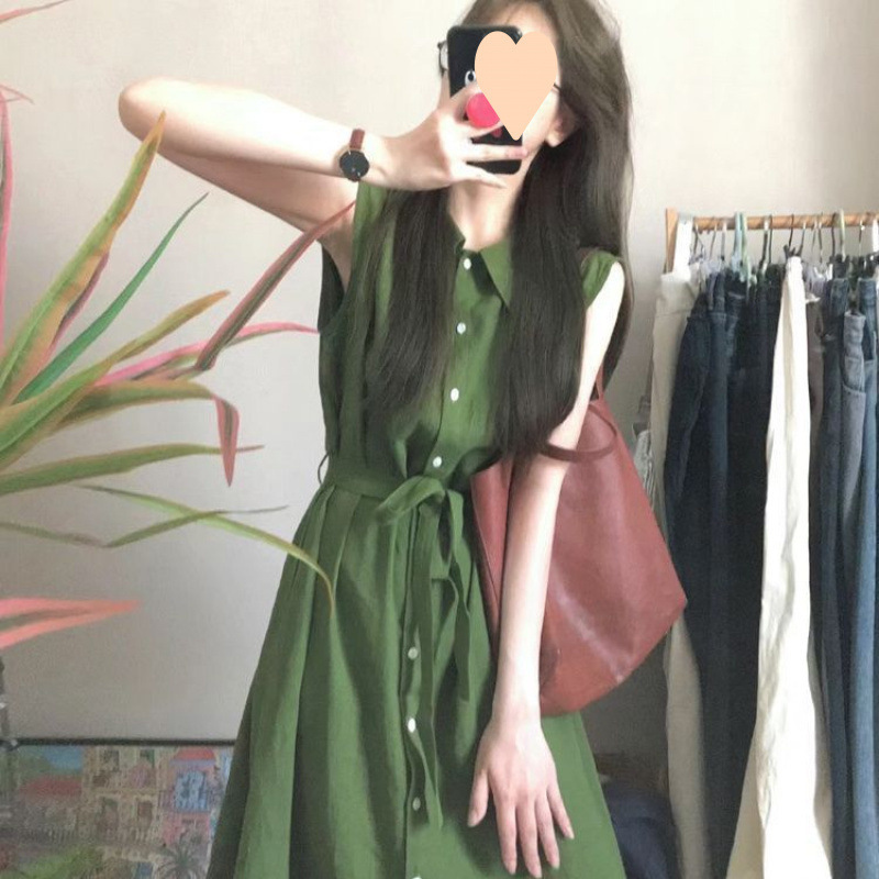 绿色无袖衬衫连衣裙女夏季新款高级设计感宽松显瘦系带气质长裙子|undefined