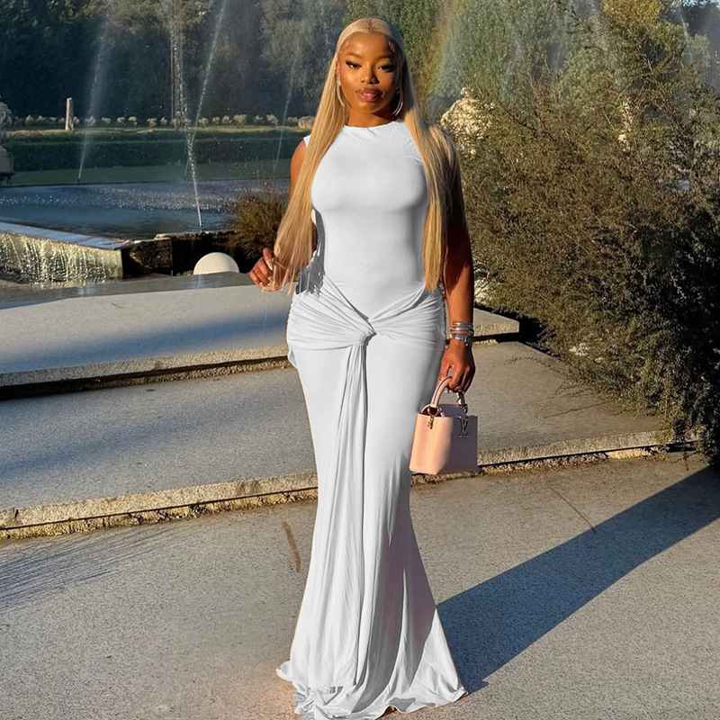 European and American Style Cross-Border New Women's Clothing Round Neck Elegant Pleated Bodycon Dress with Straps Solid Color Slim Fit Curve-Hugging Long Dress