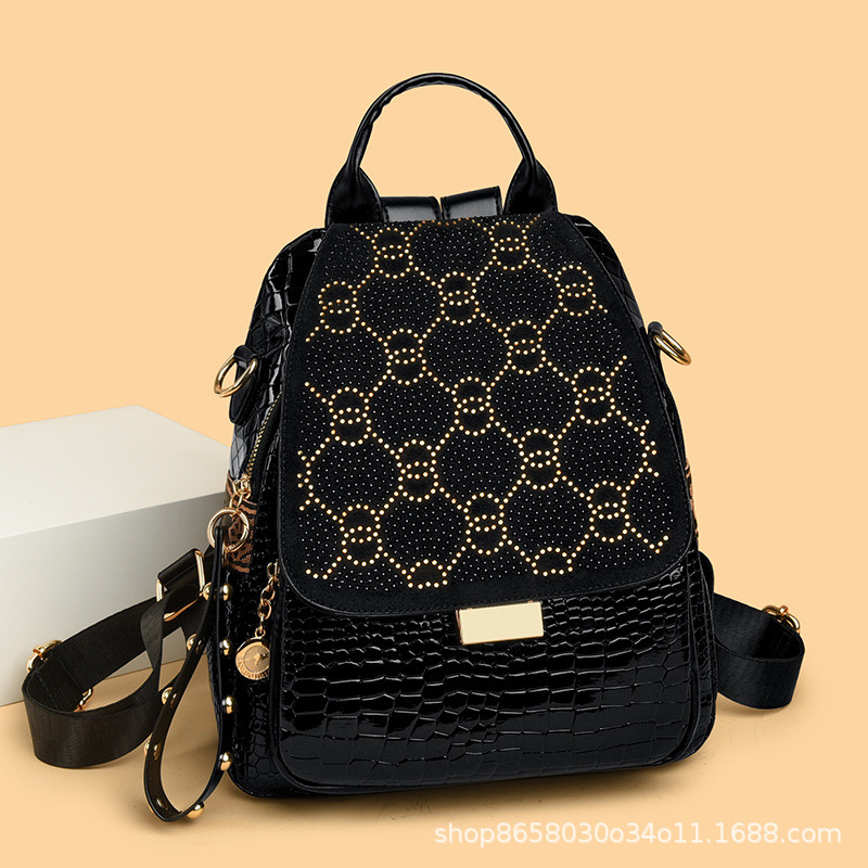 Punk Studded Backpack with Starry Rhinestones, Double Round Shoulder Straps, Women's Bag with Crocodile Pattern, Waterproof School Bag for Women