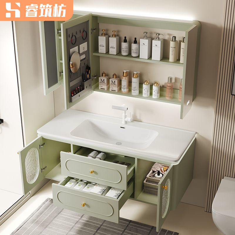French Oak Bathroom Cabinet Bathroom Washbasin Mirror Cabinet Combination Ceramic Integrated Basin Smart Washbasin Washbasin