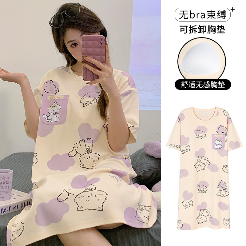 Pijama de mujer con almohadilla de pecho de dibujos animados red viento rojo estudiantes de manga corta, vestido largo medio, pijama integral de verano se puede usar fuera