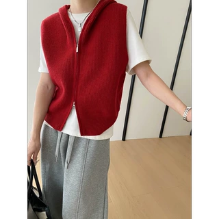 司南 早春新款 休闲时髦双拉链宽松叠穿连帽针织马甲背心 SN8660