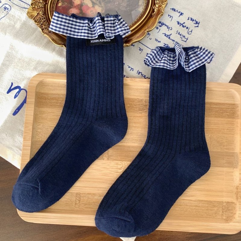 花边蝴蝶结甜美格子袜子女日系爆款蓬边饰品长筒藏蓝系中筒堆堆袜|undefined