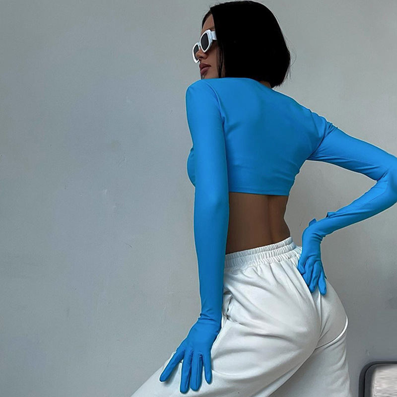 Damen 2024 Sommer Neue Mode Einfarbig Slim Fit Offene Nabelschnur Rundhals Langarm Handschuh T-Shirt Top_voghion.com
