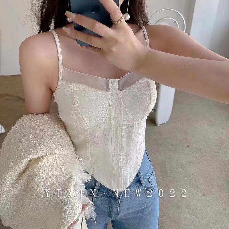 2024新款辣妹网纱吊带背心女带胸垫小众百搭提花抹胸修身裹胸上衣