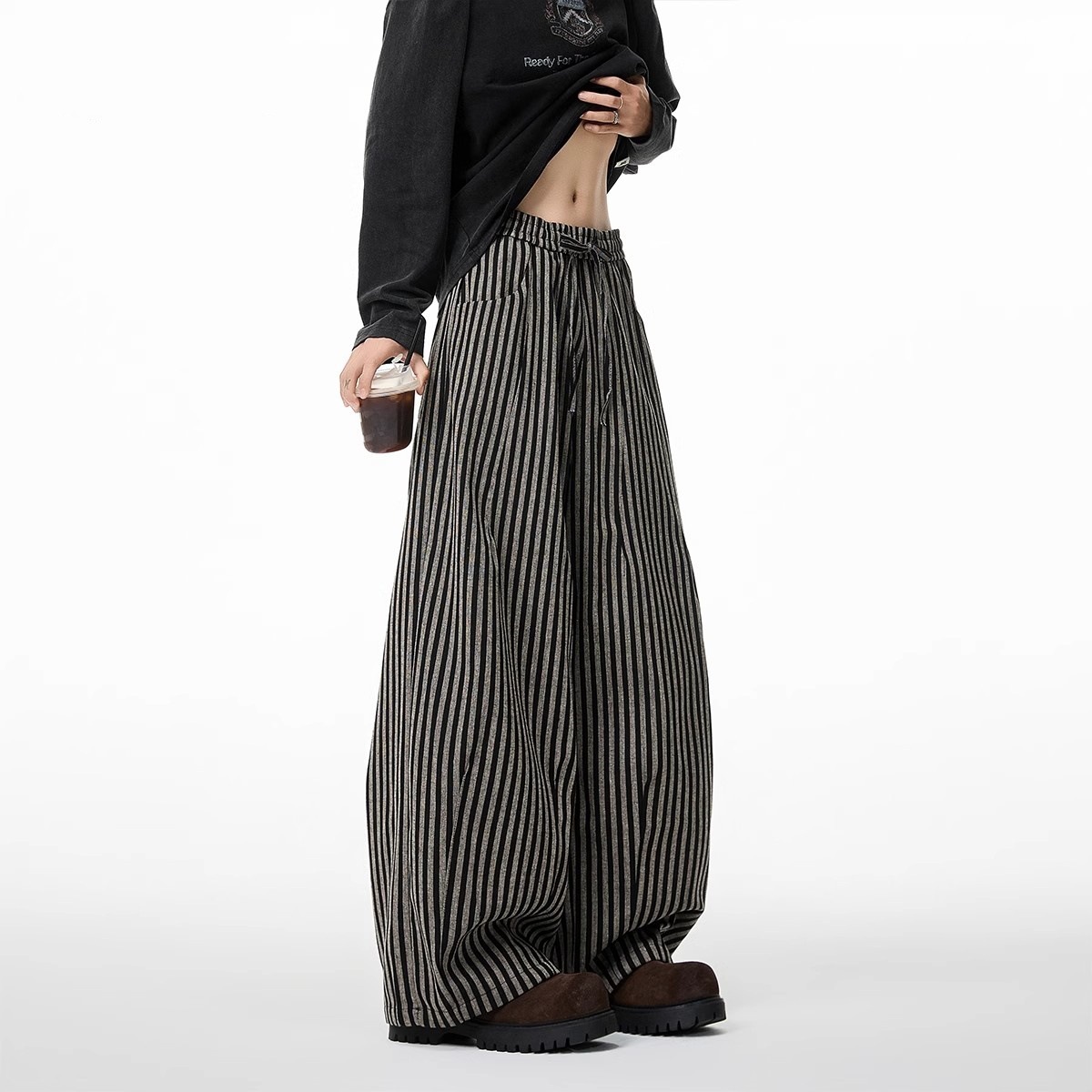 American Slack Vertical Striped Casual Pants Men's And Women's Spring Lazy Wind Drop Straight Pants Scimitar Wide Leg Floor Pants_viptrois.com