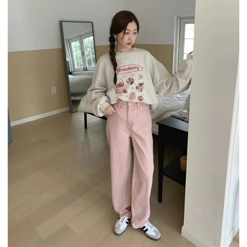 New 2026 Spring Collection Korean Dongdaemun Sweet Ice Cream Color Washed Drapey Straight-Leg Pencil Jeans