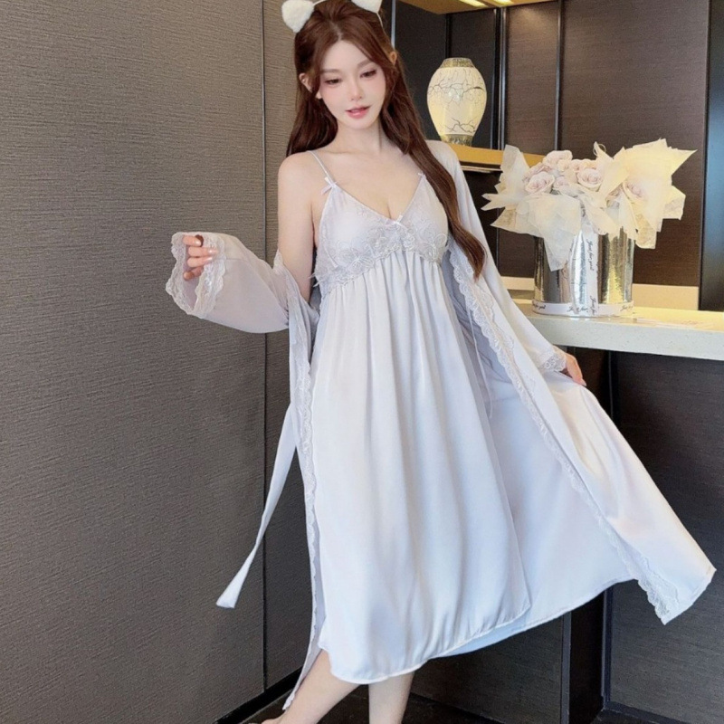 Pajamas for Women Summer Sexy Lace Long-Sleeved Suspender Nightgown Nightgown Suit Spring & Fall Style with Breast Pads Pure Lust Home Clothes