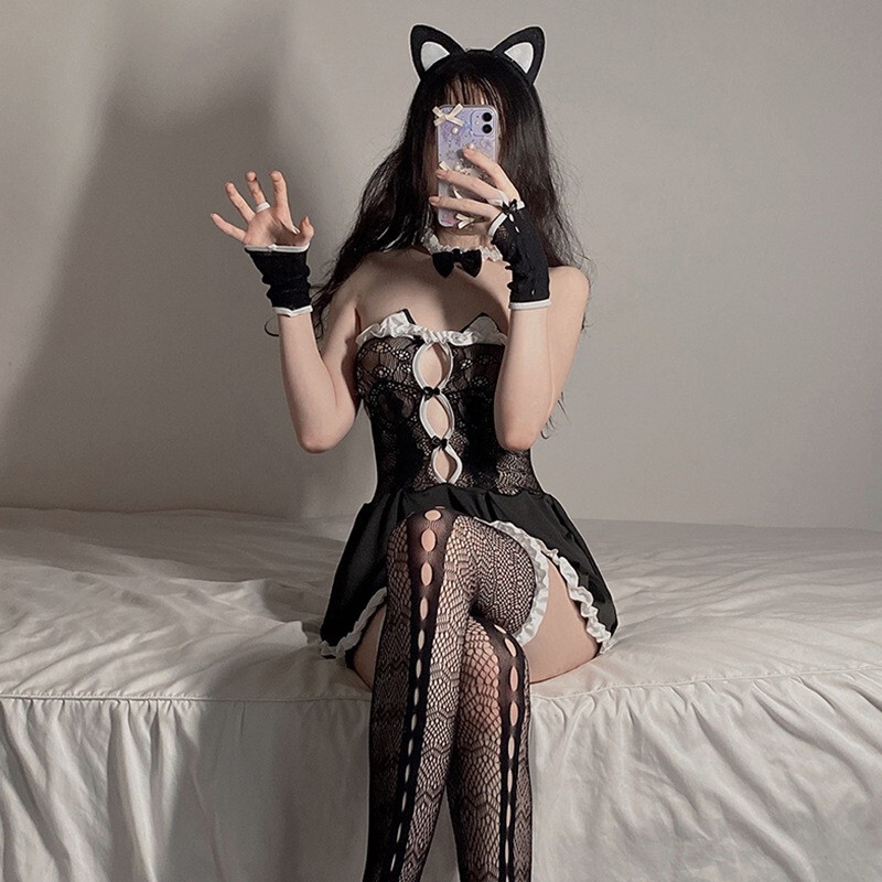 Sexy Lingerie Sexy Cat Girl Uniform Off-Shoulder Dress Nightgown Lace Temptation See-Through Maid Uniform Suit