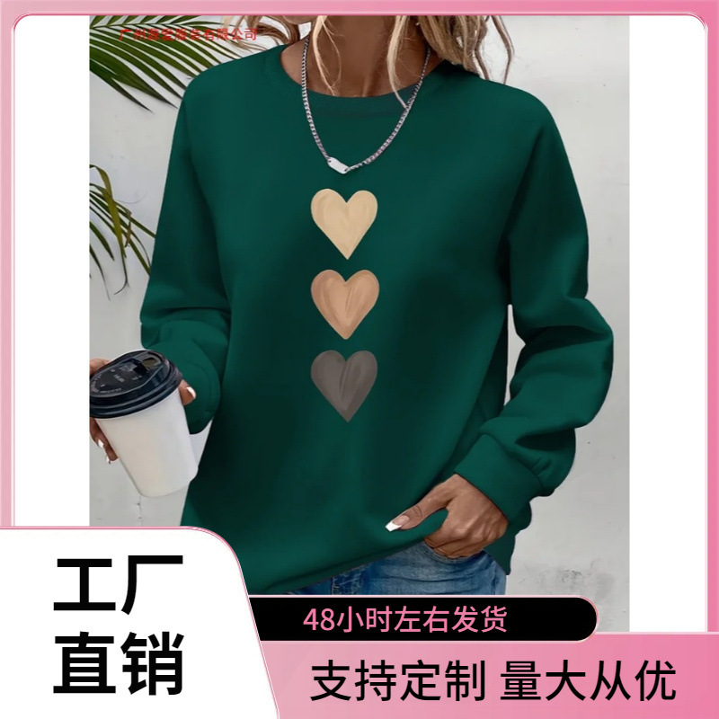 Women's Crew Neck Sweatshirt Sweater with Long Sleeves and Heart Print Design, Autumn and Winter Pullover, Soft Fabric for Women