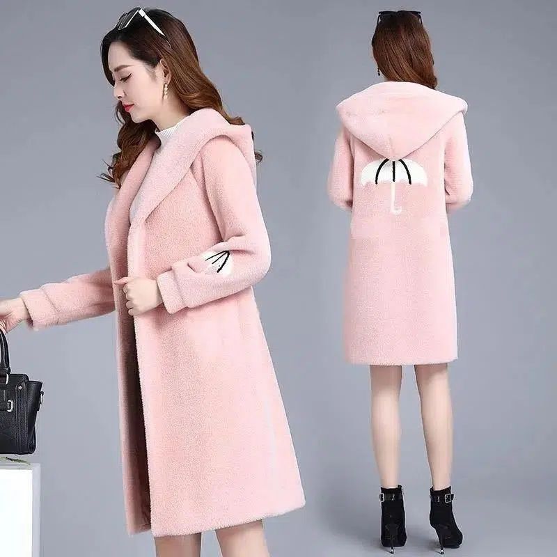 2024 autumn and winter clothing lamb velvet fashion long hooded sweater women's loose plus size mother warm coat tide