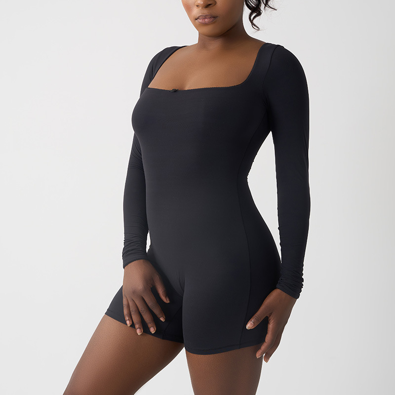 LACE LONG SLEEVE BODYSUIT跨境外贸蕾丝长袖紧身弹性方领连体衣