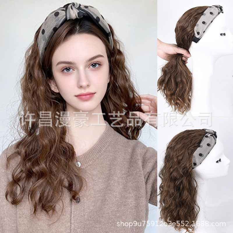 Factory gauze net hairband curly hair cover integrated polka dot mesh wave dot hairband long curly hair chemical fiber hairband wig women Factory gauze net hairband curly hair cover integrated polka dot mesh wave dot hairband long curly hair chemical fiber hairband wig women