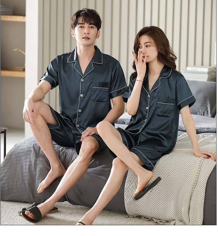 Han Yatong Summer Couple Pajamas Simulation Silk Short-sleeved Shorts Set Thin Men's and Women's Home Clothes 5075_voghion.com