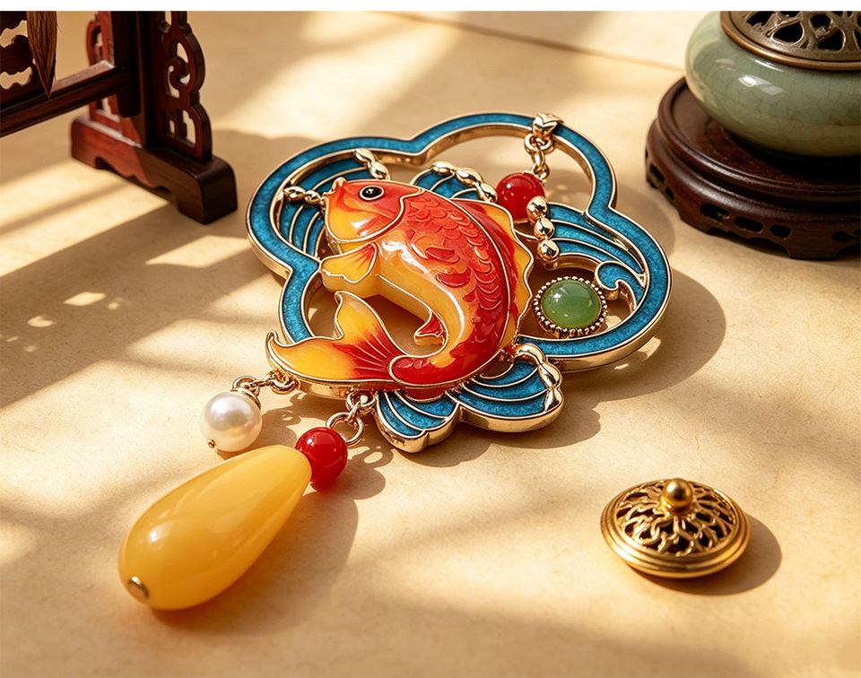 New Chinese-Style Imitation Enamel Koi Brooch, National Style Oil-Drip Imitation Jade Pin, Accessories for Qipao and Hanfu, Factory Wholesale