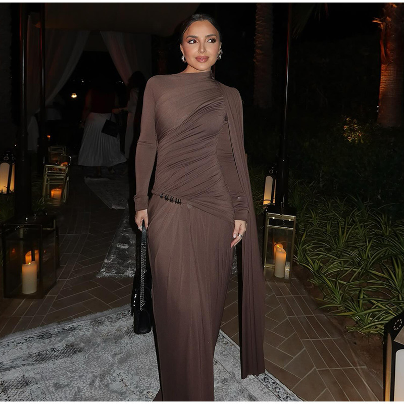 Slim Fit Ruched Long Sleeve Bodycon Midi Dress For Women - Elegant Brown, Pure Y2k Aesthetic, Stretchy Polyester Fabric For Daily Wear_ecoleips.com